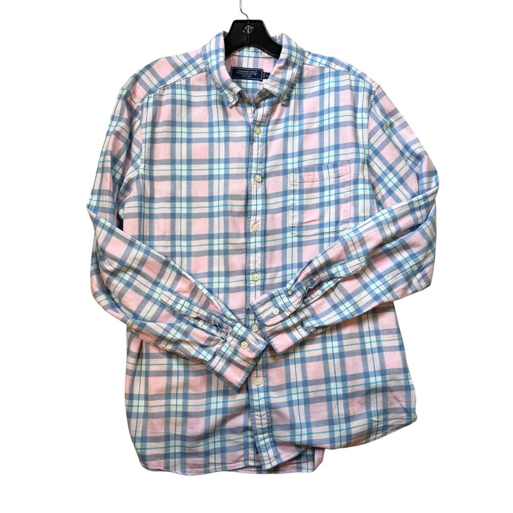 Vineyard Vines Men's Large Button Down Shirt Pink Blue Plaid Cotton Linen